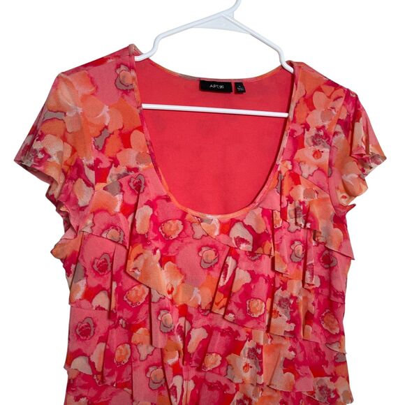 Apt 9 Blouse Women's Large Round Neck Y2k Ruffle Pink Short Sleeve Tie Dye Top - Picture 2 of 9